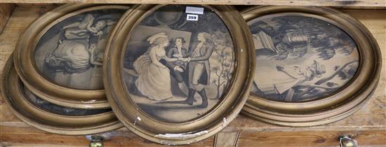 English School c.1800, five oval grisaille watercolours